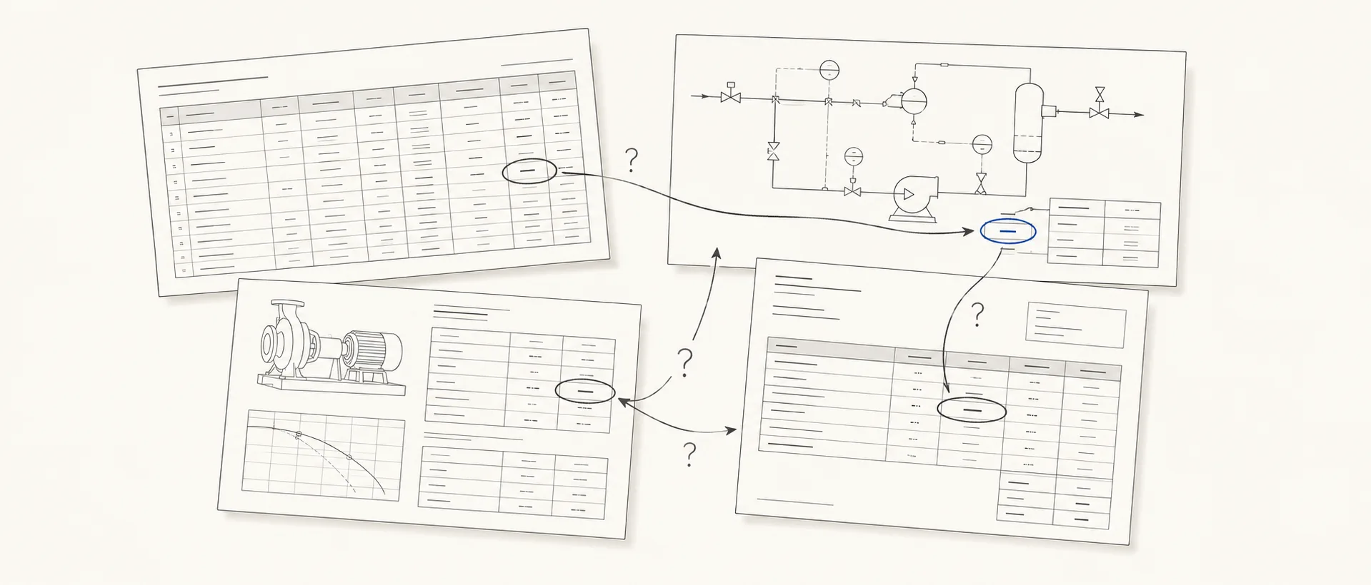 Four engineering documents (an equipment register, a P&ID, a pump datasheet and a line list) with the same value circled on each and hand-drawn arrows tracing it between them